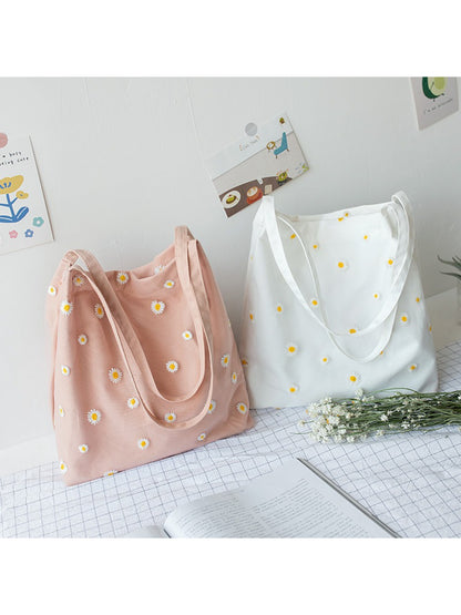 Cosbai - Daisy Embroidery Soft Shoulder Tote Bag