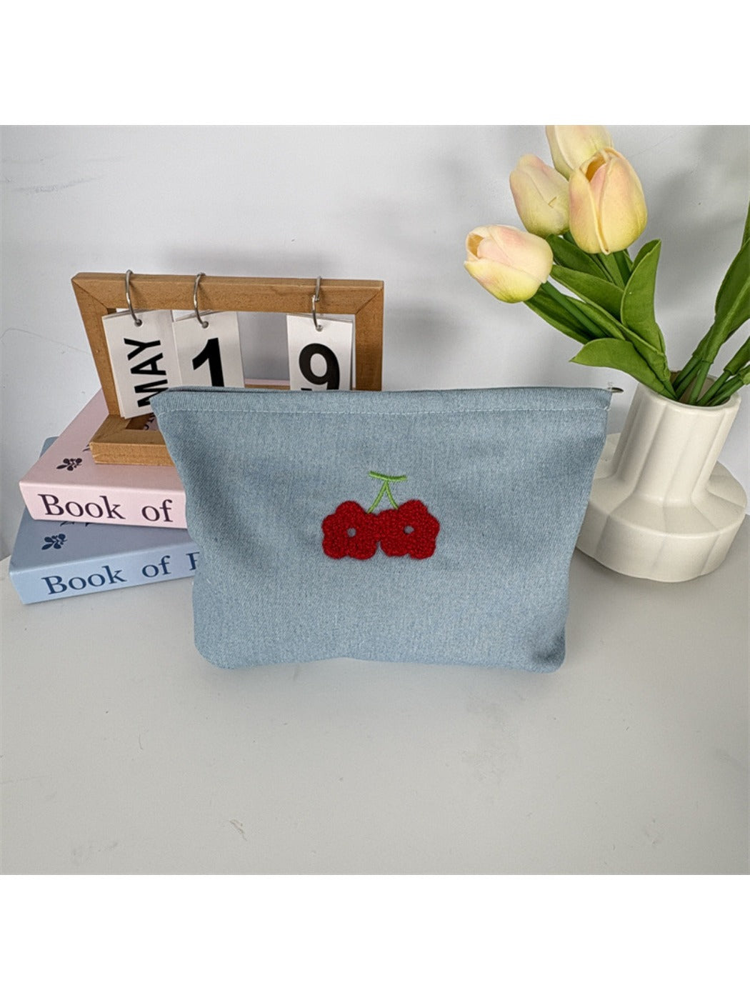 Cosbai – Denim Cherry Embroidered Mini Makeup Bag