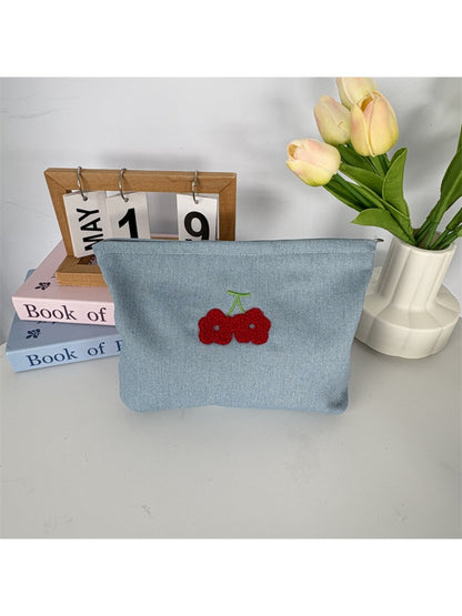 Cosbai – Denim Cherry Embroidered Mini Makeup Bag