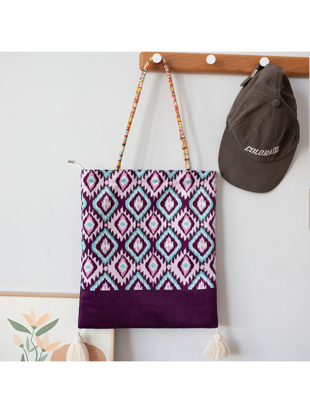 Cosbai Boho Ethnic Tassel Tote bag with vibrant ethnic print and tassels close-up