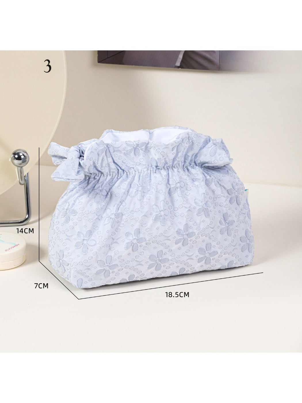 Cosbai floral makeup pouch displayed on white background highlighting ruffle detail