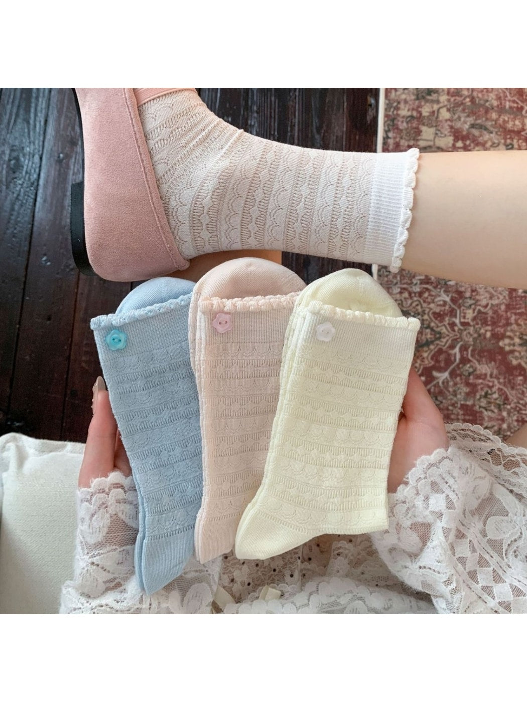 Rufia - Flower Shaped Button Accent Solid Color Crew Socks