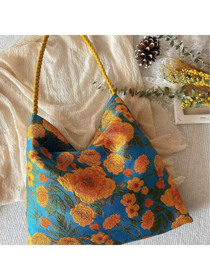 Cosbai - Floral Contrast Detail Magnetic Closure Tote Bag