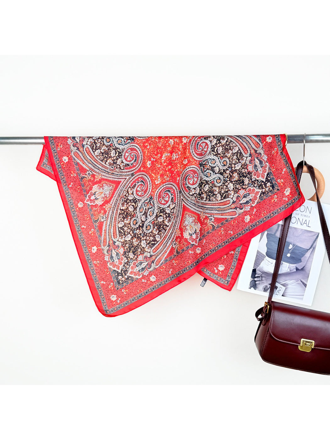 Scarvii Ornate Scroll Square Scarf paired with casual outfit showcasing versatility