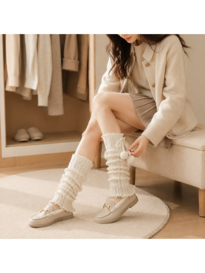 Cozyra - Pom-Pom Cable-Knit Ruffled Leg Warmers