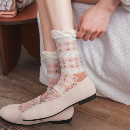 Rufia - Lace Flower Color-block Crew Socks - Sweet & Retro