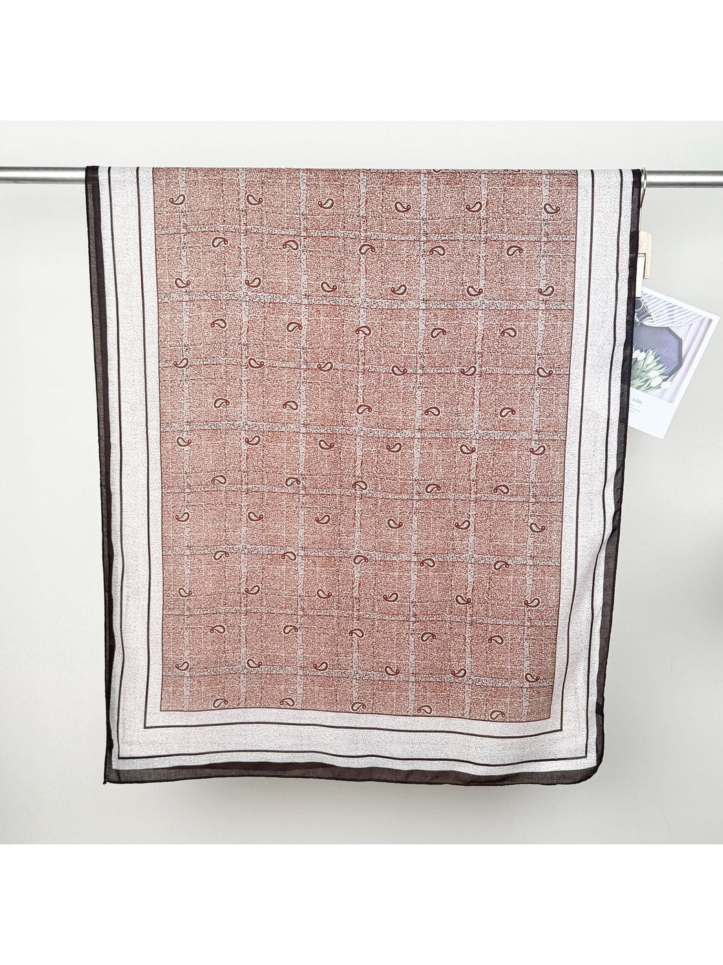 Scarvii - Leaf Print Checked Border Long Scarf