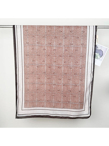 Scarvii - Leaf Print Checked Border Long Scarf