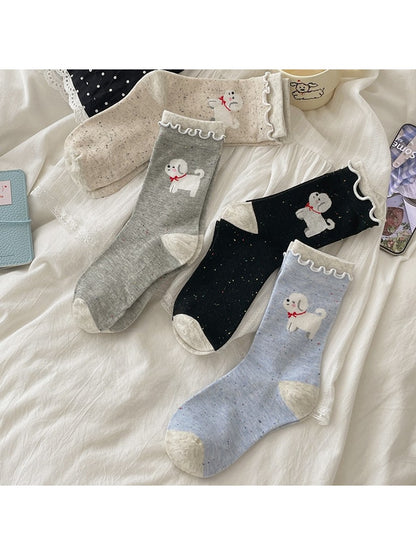 Rufia - Cartoon Dog Ruffle Cuff Casual Crew Socks