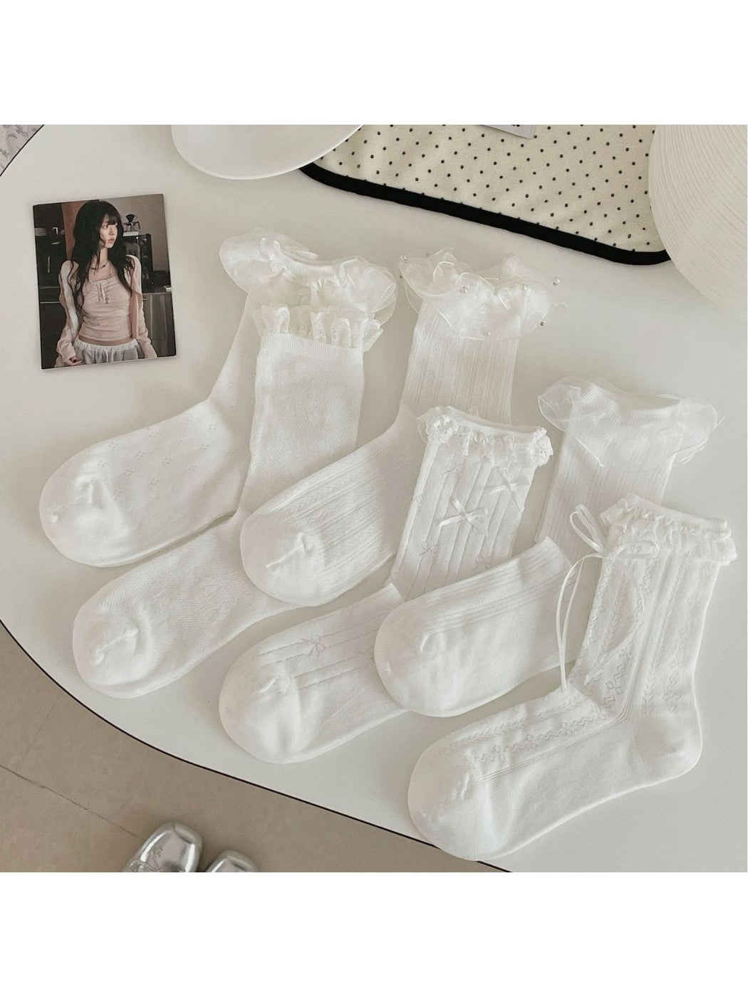 Rufia - Lace Trim Bow Detail Hollow Out Crew Socks