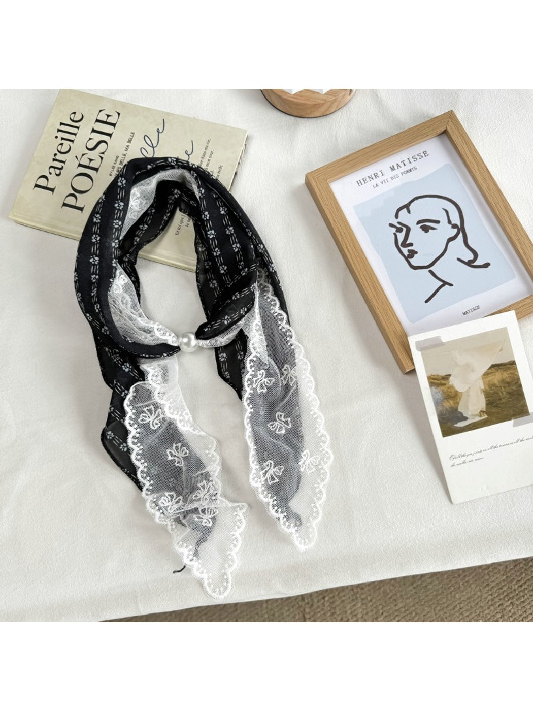 Scarvii - Lace Double Layer Floral Long Narrow Scarf