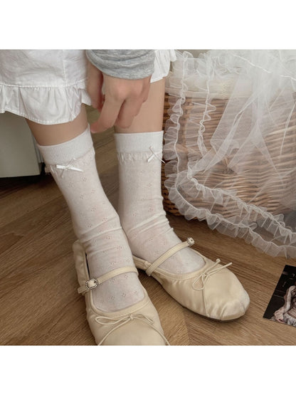 Rufia - Solid Color Openwork Bow Accent Crew Socks