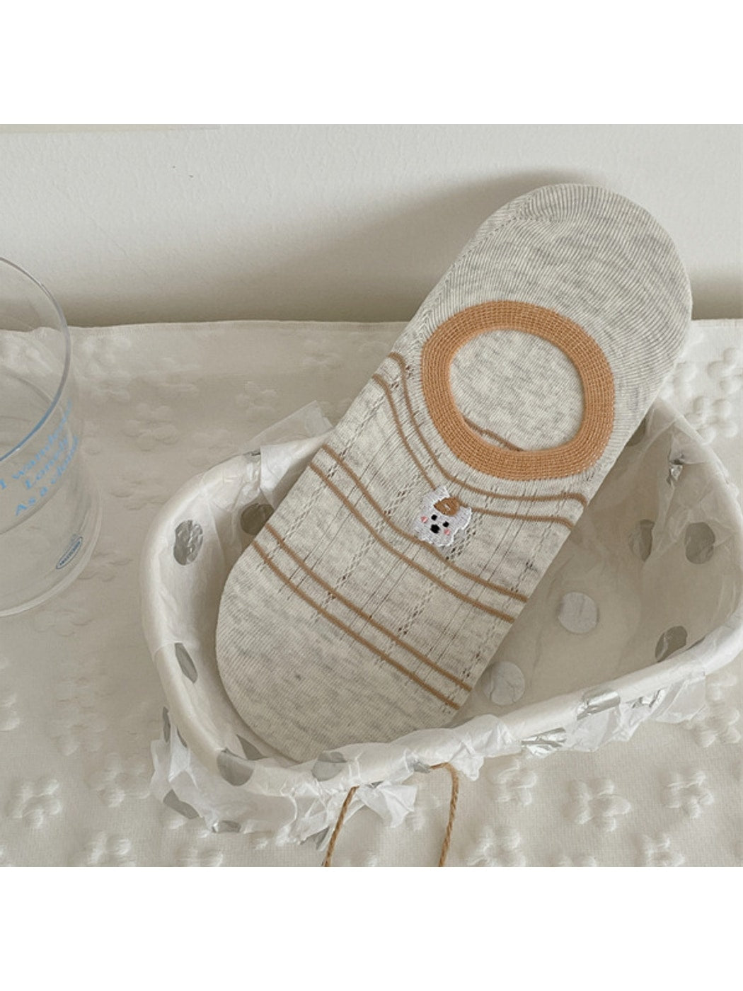 Rufia - Cute Dog Embroidered Stripe No Show Socks