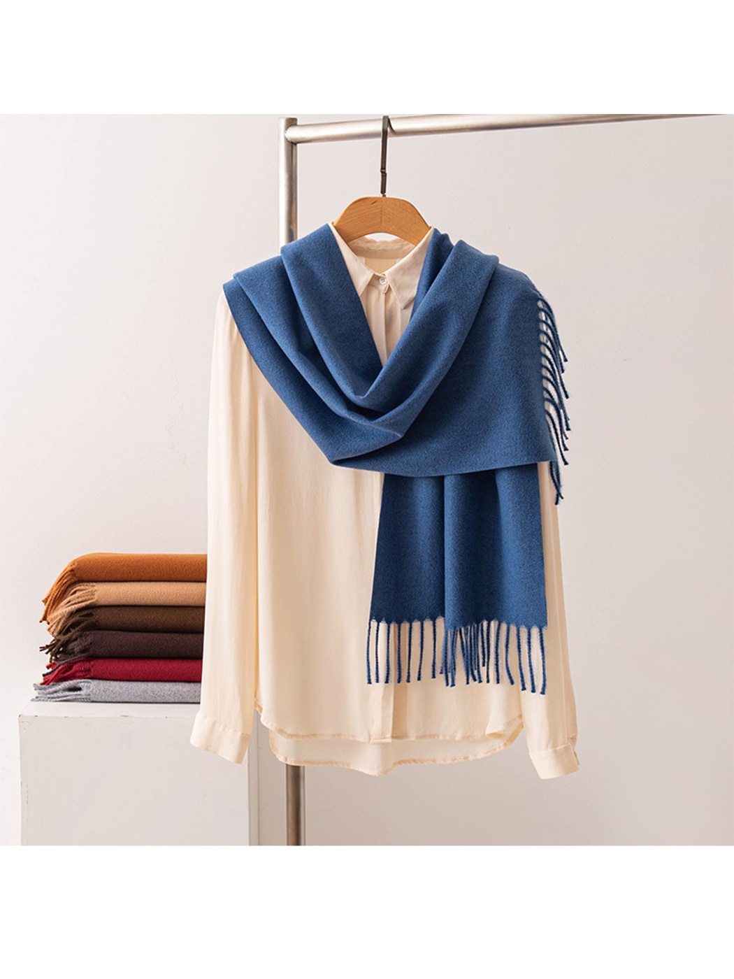 Scarvii - Solid Color Fringe Trim Long Scarf