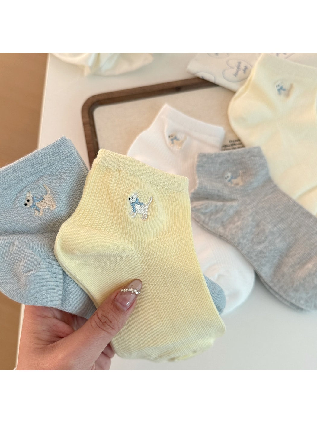 Rufia - Cute Dog Embroidery Solid Color Ankle Socks
