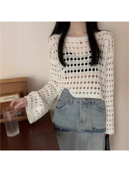 Crosa - Openwork Long Sleeve Crew Neck Knit Cover Up