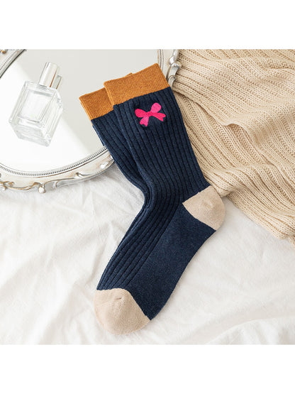 Rufia - Preppy Embroidery Bow Color Block Crew Socks