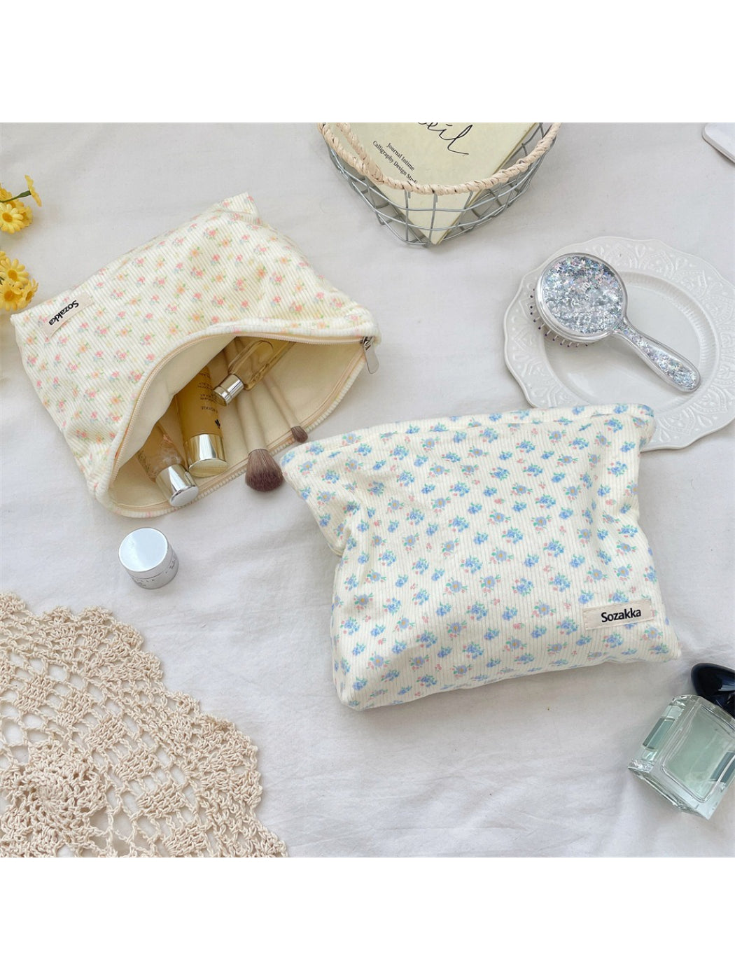 Cosbai cosmetic pouch open showing spacious interior with floral ribbed exterior