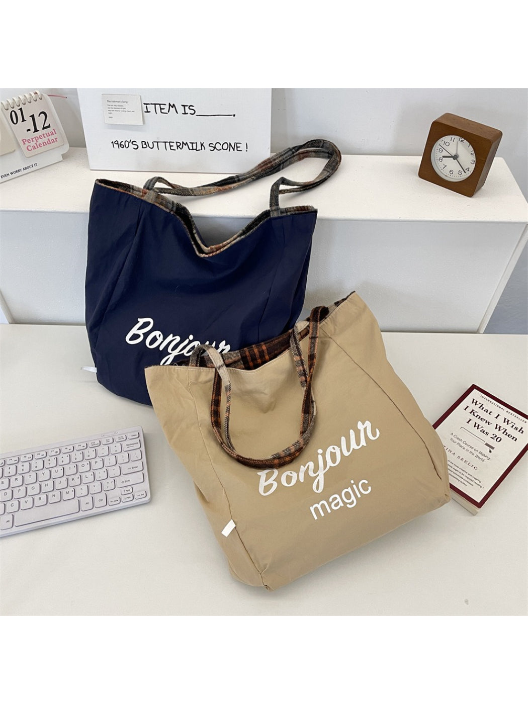Side view of Cosbai vintage plaid soft structure tote bag showing shape and pattern