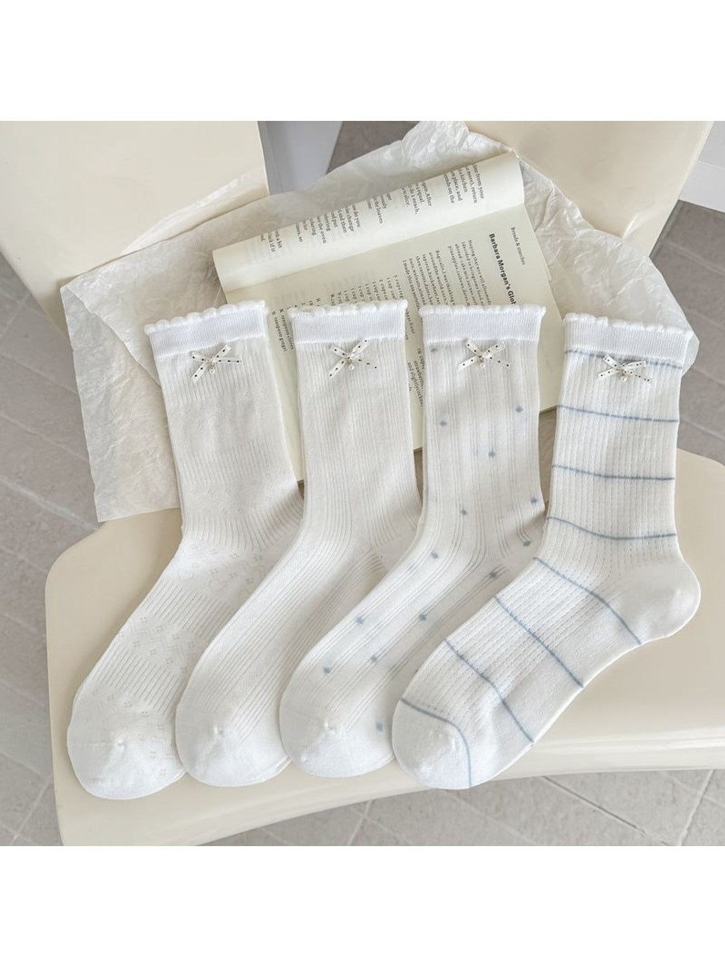 Rufia - Simple Bow Pattern Ribbed Crew Socks