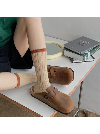 Rufia mesh color block mid-calf socks displayed on a plain background showing full length