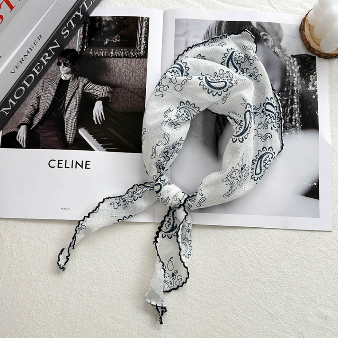 Scarvii - Paisley Print Triangle Scarf with Lace Edge