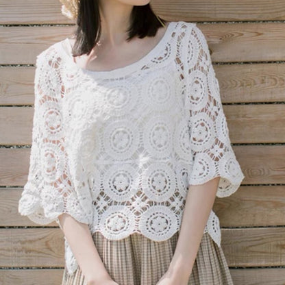 Crosa - Floral Crochet Lace Open-Knit Top Blouse