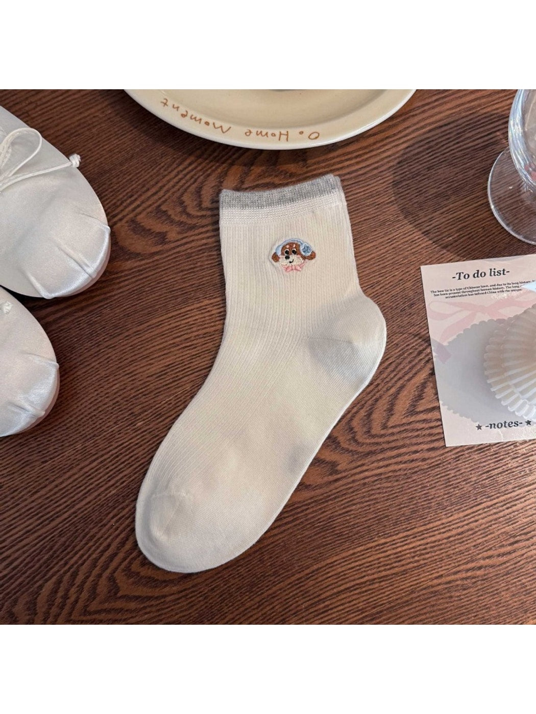 Rufia - Cute Cartoon Dog and Bear Embroidered Crew Socks