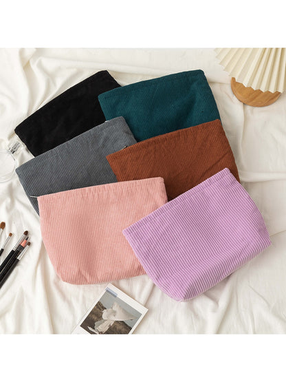Cosbai - Minimalist Solid Color Ribbed Zip Pouch