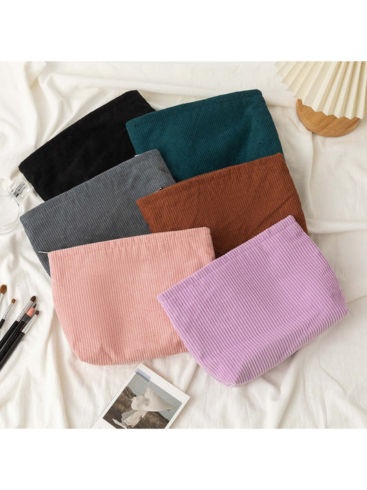 Cosbai - Minimalist Solid Color Ribbed Zip Pouch