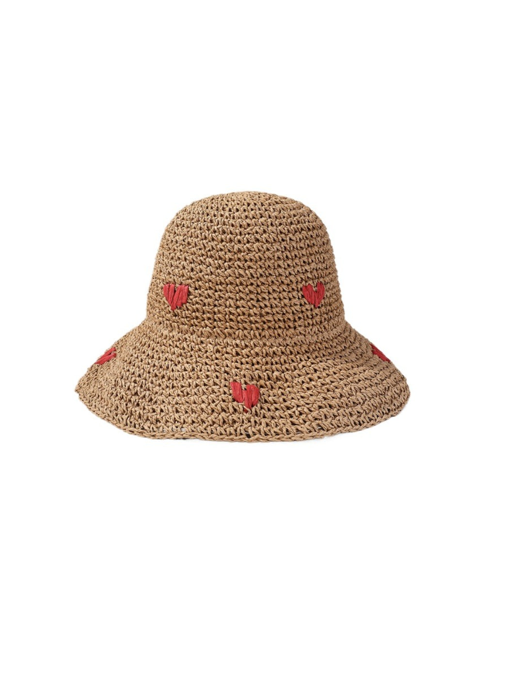 Top view of the straw bucket hat highlighting the circular weave pattern