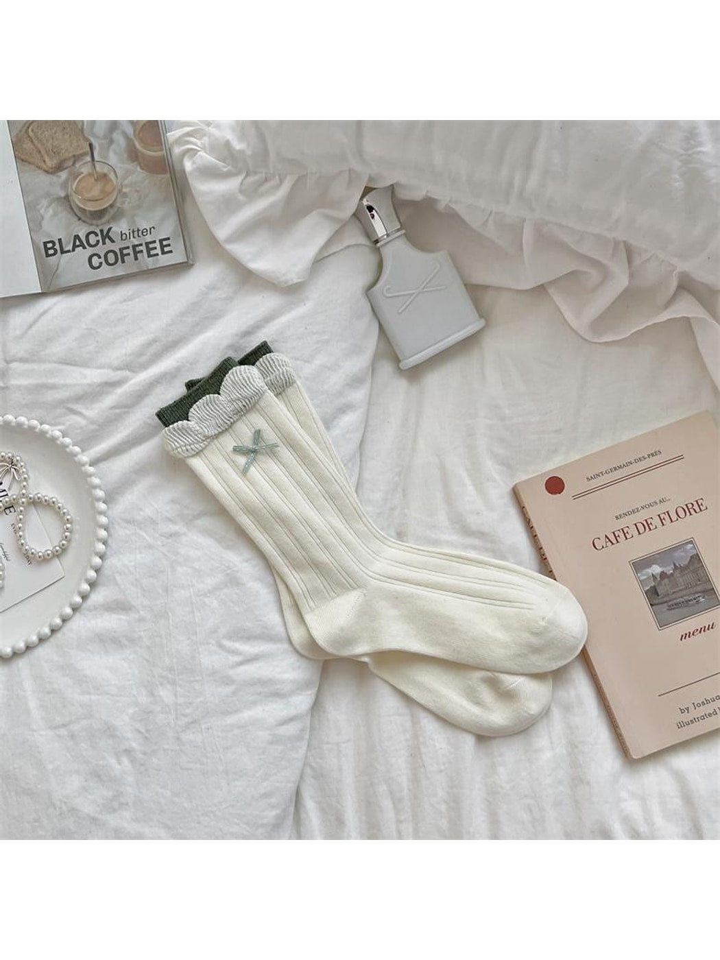 Rufia - Retro Bow Ruffle Cuff Crew Socks
