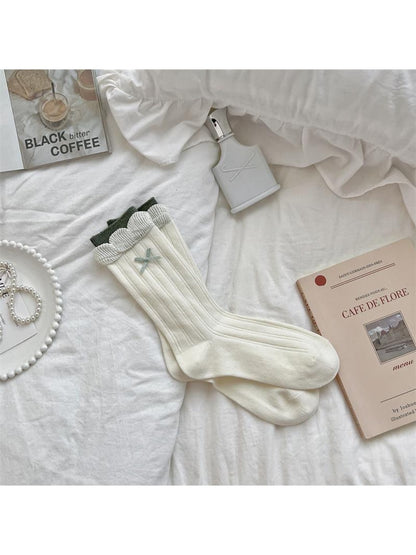 Rufia - Retro Bow Ruffle Cuff Crew Socks