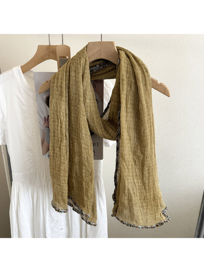 Scarvii - Woven Floral Trim Long Scarf