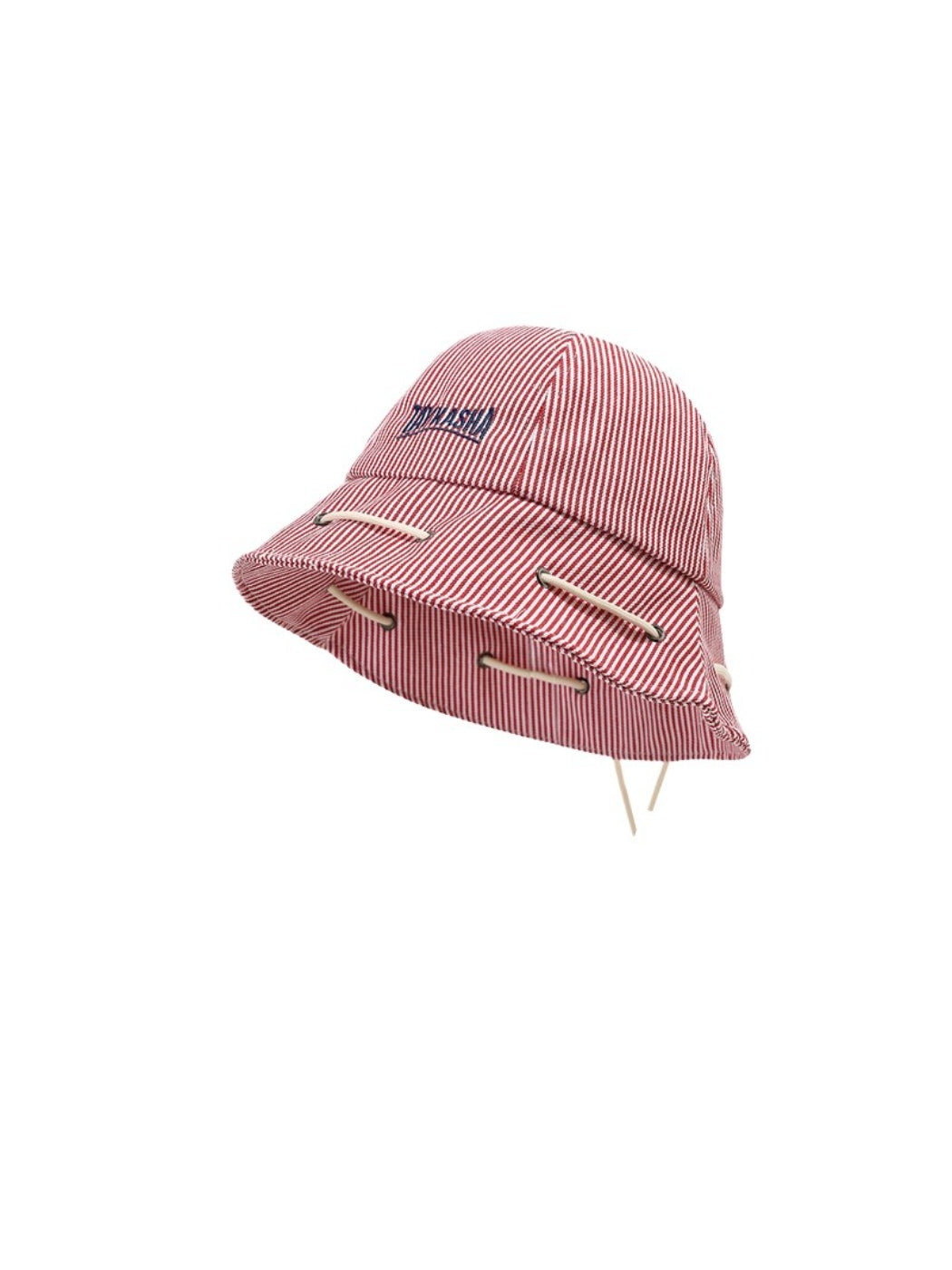 Close-up of Haila bucket hat featuring striped pattern and drawstring