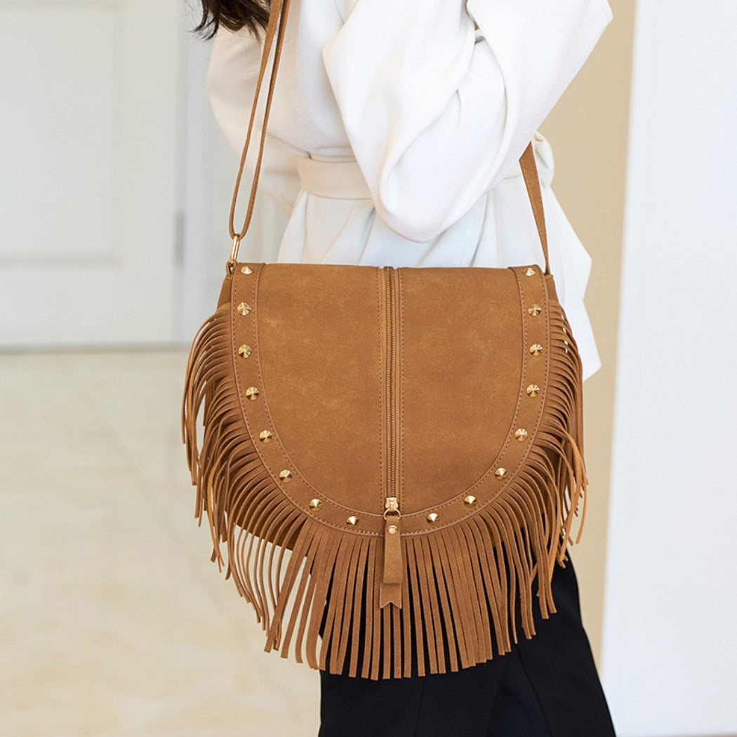 Cosbai - Vintage Brown Studded Fringe Saddle Bag