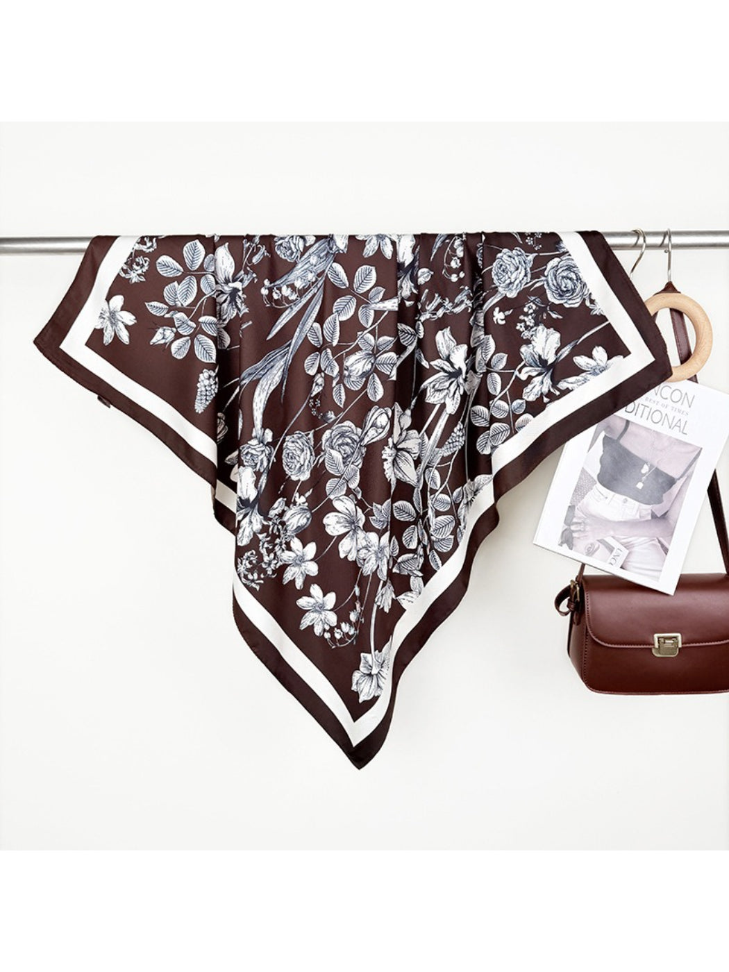 Scarvii square scarf displayed with matching outfit accessories