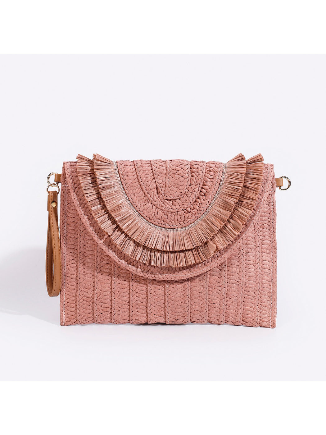 Cosbai clutch bag with tassels close-up showing texture and color contrast