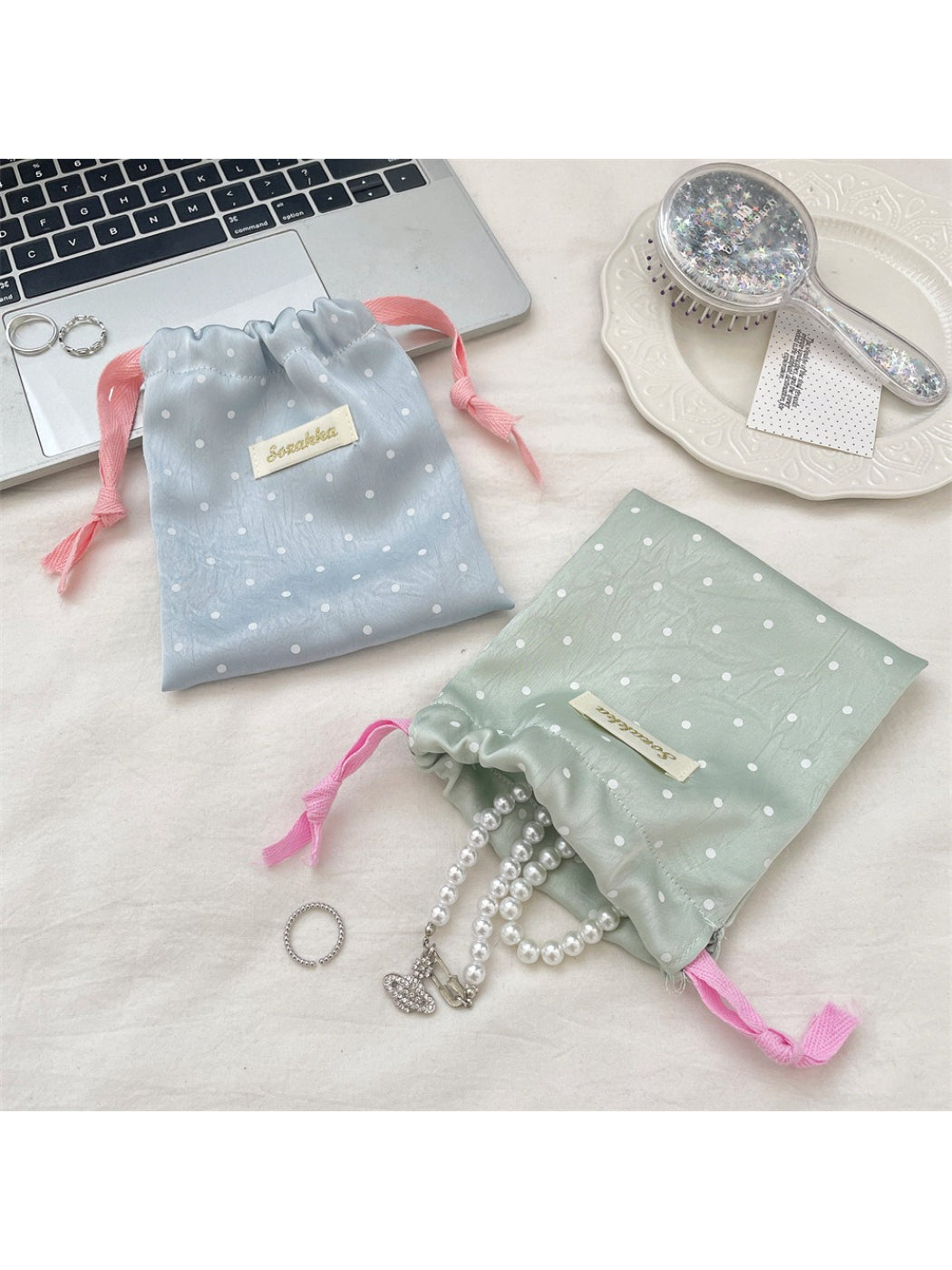 Close-up of Cosbai Sweet Dot Drawstring Bag fabric texture and dot pattern