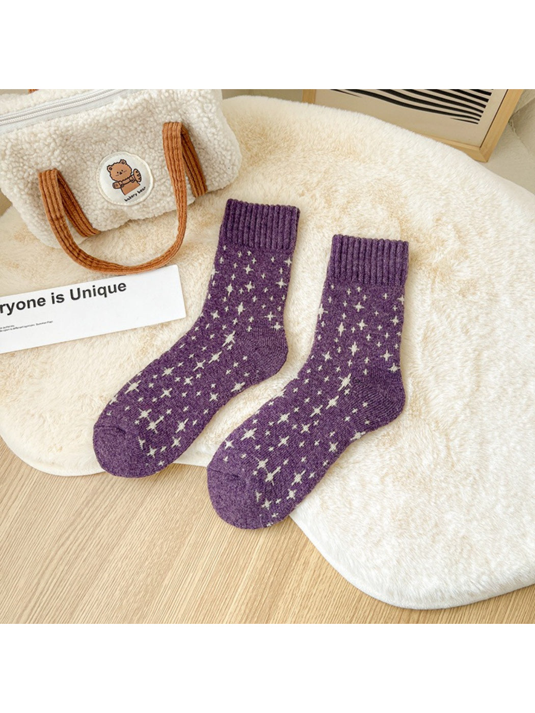Rufia purple dot pattern crew socks flat lay