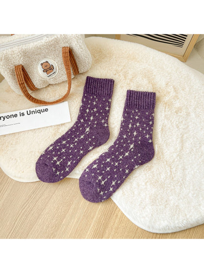 Rufia purple dot pattern crew socks flat lay