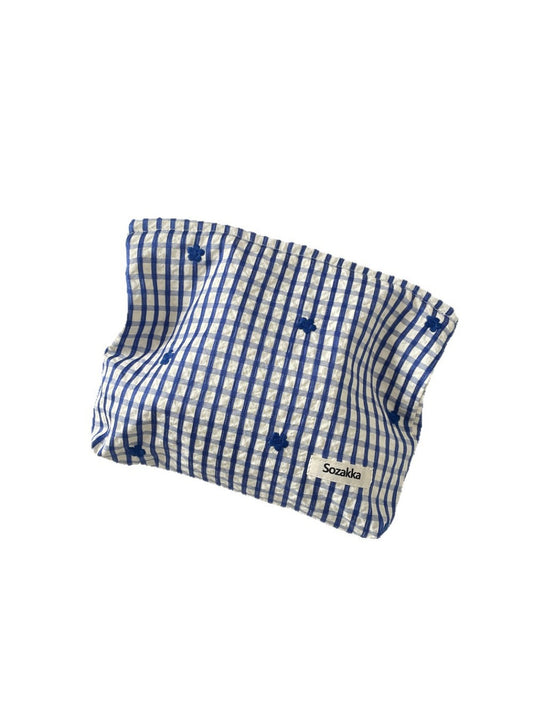 Cosbai – Blue Plaid & Bow Embroidered Cosmetic Bag