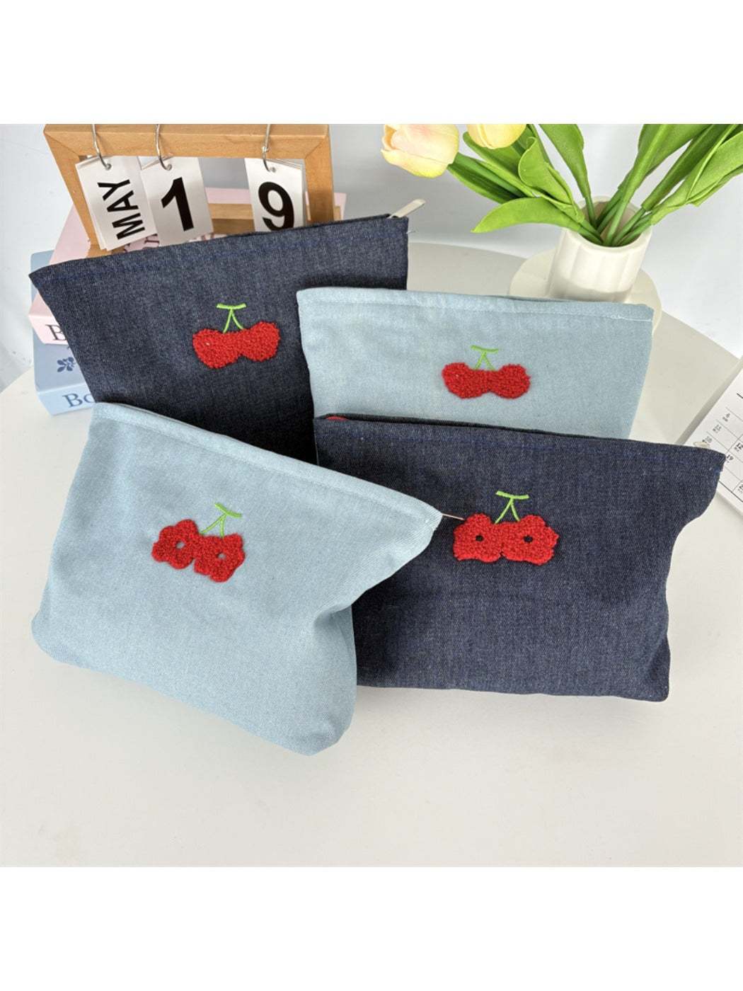 Cosbai – Denim Cherry Embroidered Mini Makeup Bag