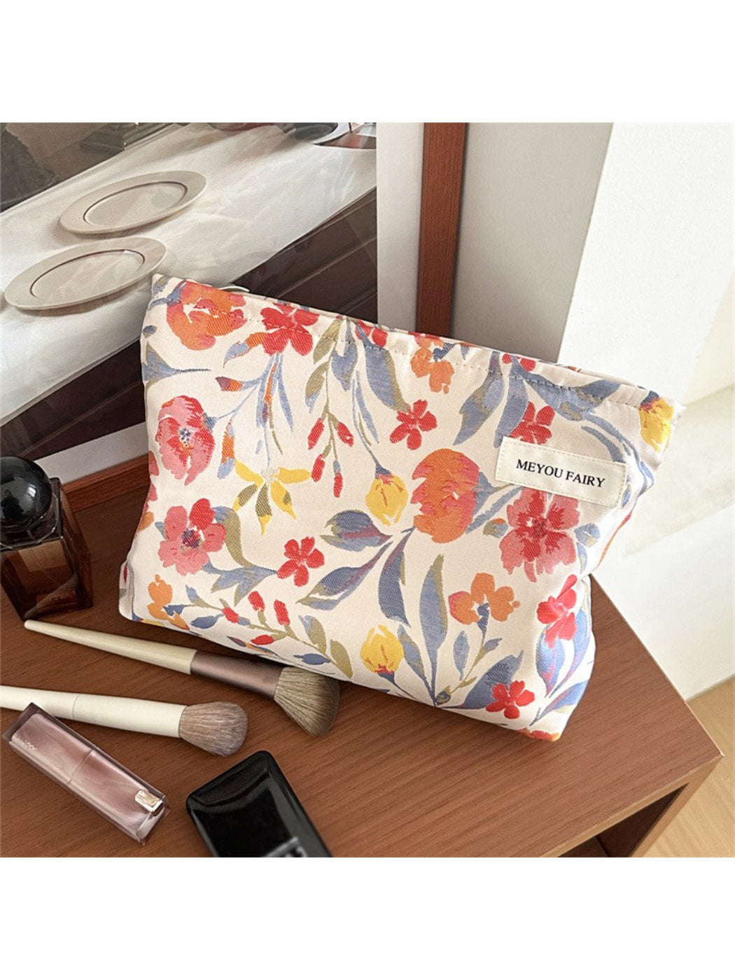 Cosbai floral cosmetic pouch open showing interior lining