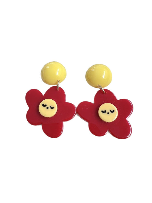 Earwish Smiley Flower Drop Earrings front view with yellow smiley flower charm