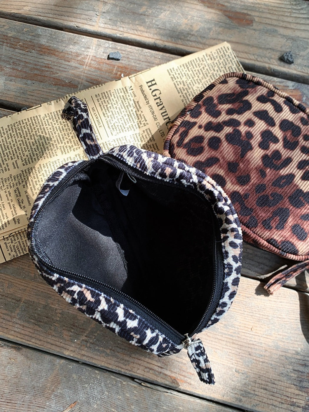 Cosbai - Corduroy Travel Makeup Pouch with Leopard Print