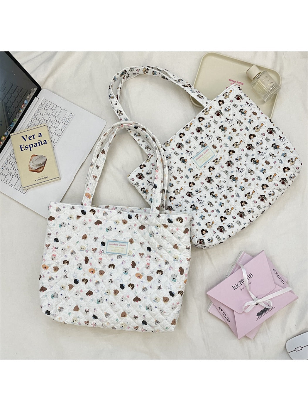 Cosbai - Floral Quilted Tote Bag with Cartoon Pattern