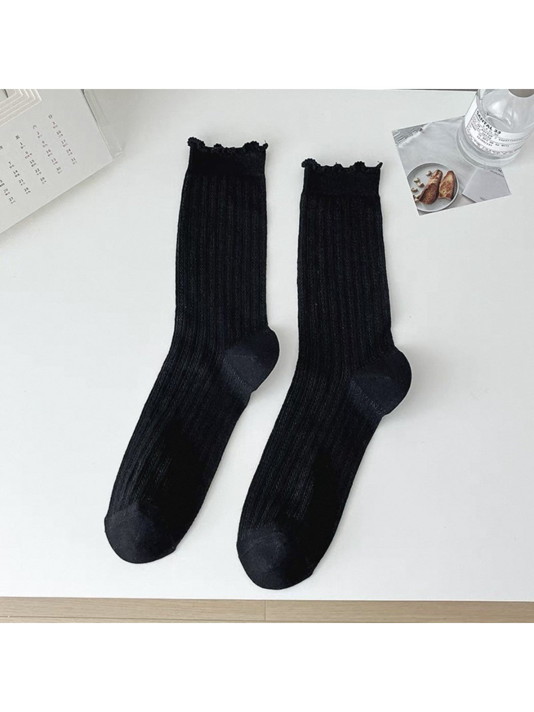 Rufia soft ribbed crew socks with delicate ruffle trim on ankle