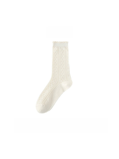 Rufia - Solid Color Ruffle Openwork Casual Crew Socks