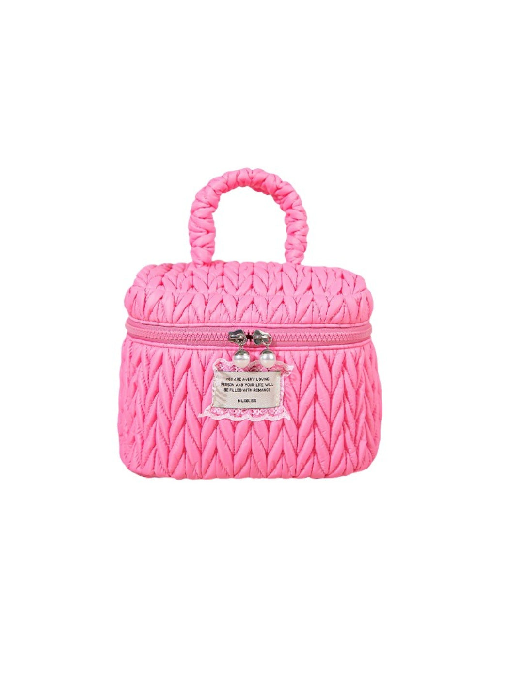Cosbai - Shiny Quilted Cosmetic Bag with Handle and Charm detail view 3
